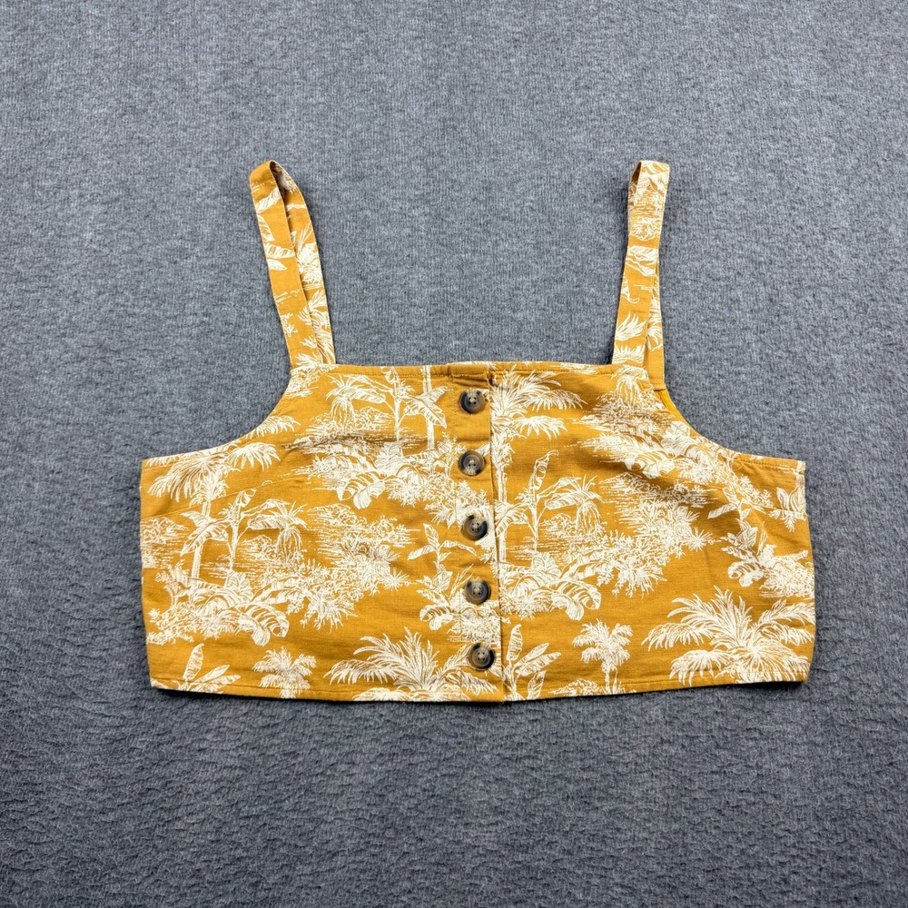 American Eagle Mustard Tropical Palm Print Crop Top Womens XL Button Front Linen
